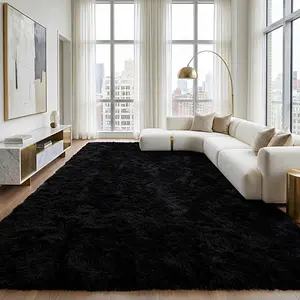 QULINT Black Soft Shag Area Rug For Living Room, Thick Fuzzy Luxury Rug For Bedroom, Modern Spring Decor Aesthetic, Upgrade Non-Slip Fluffy Carpet, Ideal Gift For Mother's Day,Housewarming and Easter, Dry Clean Only, silky rug