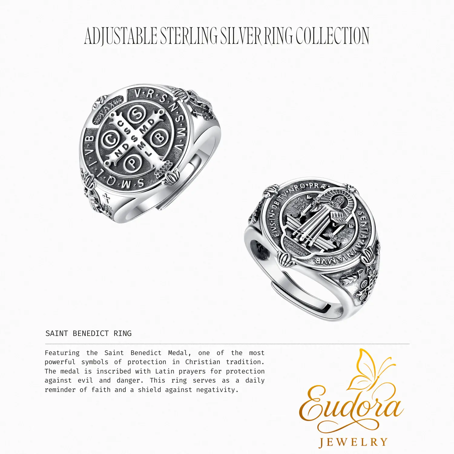 Eudora S925 Sliver Vintage Saint Benedict Ring, Adjustable St.Benedict Open Ring, Unisex Band with Benedictine Cross & Latin Inscriptions, Christian Jewelry Gift Eudora S925 Sliver Vintage Saint Benedict Ring, Adjustable St.Benedict Open Ring, Unisex Band with Benedictine Cross & Latin Inscriptions, Christian Jewelry Gift