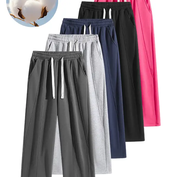 Men’s thick fleece wide-leg sweatpants with elastic waistband and drawstring, 3D split design, versatile multi-color straight-cut casual athletic long pants