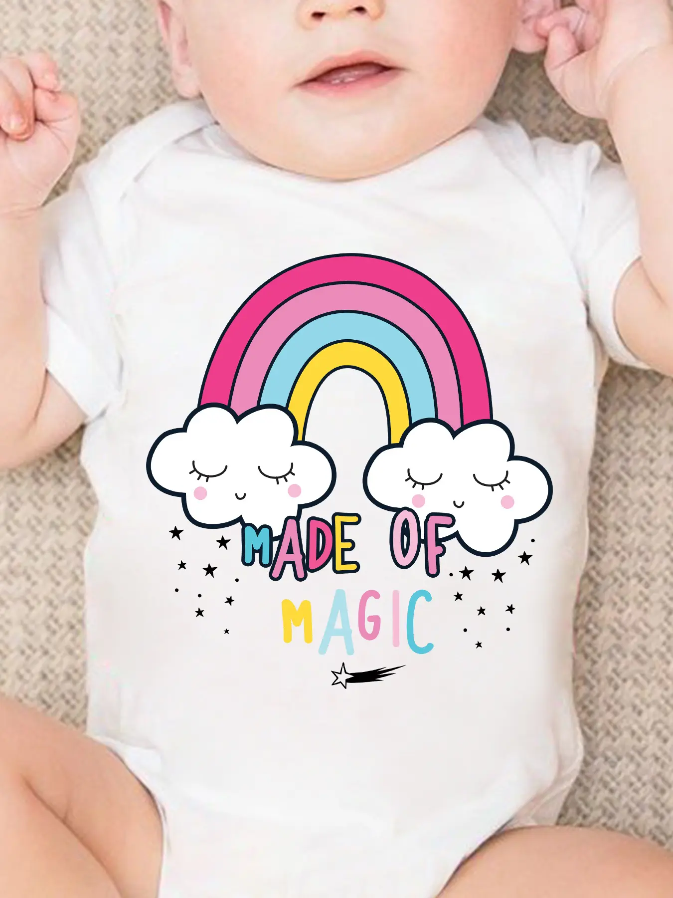 Short‑Sleeve Baby Bodysuit, Made Of Magic Rainbow Smiling Cloud and Star Print Soft Cotton Infant Onesie