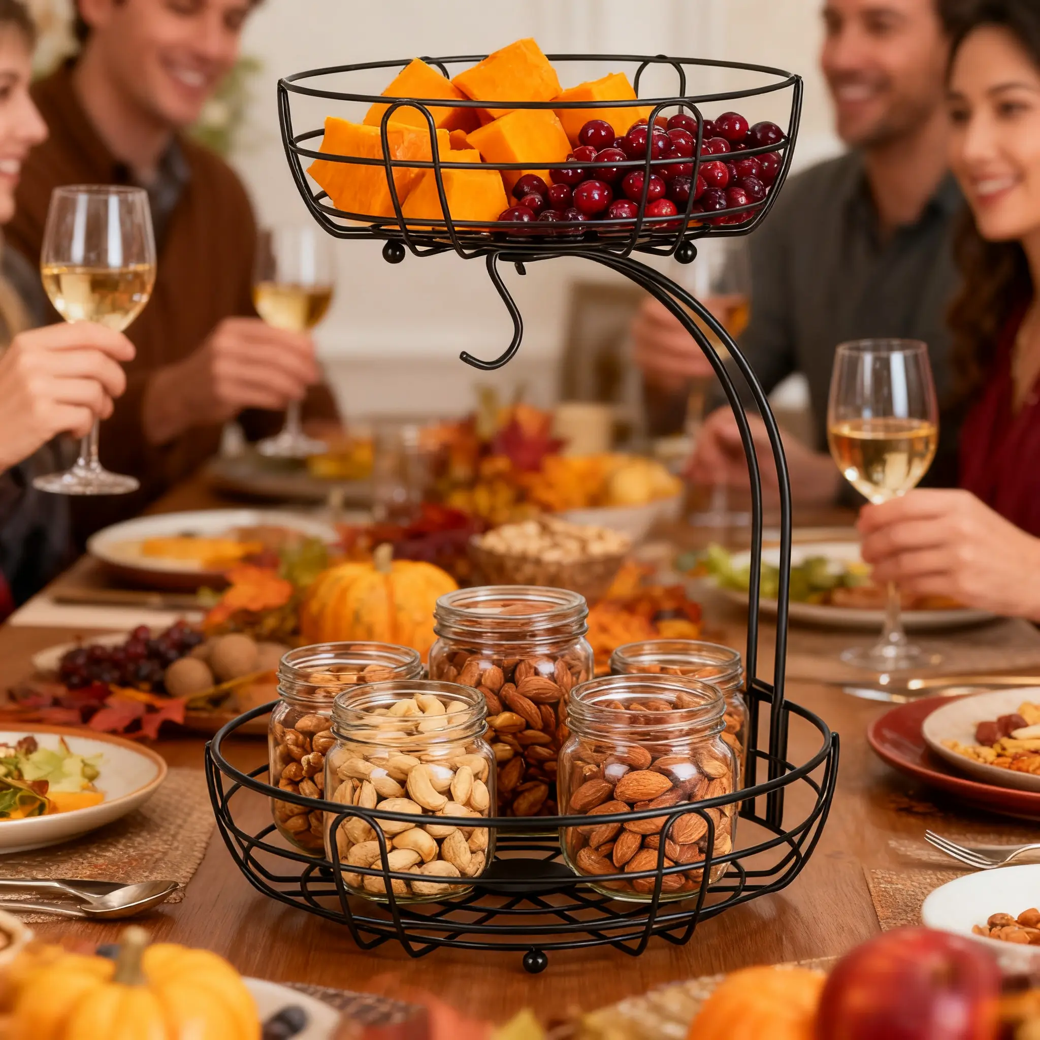 New 3-in-1 2-Tier Octagonal Stainless Steel Fruit Basket with Removable Banana Hanger - Space Saving Kitchen Counter Organizer for Vegetables, Bread, Snacks