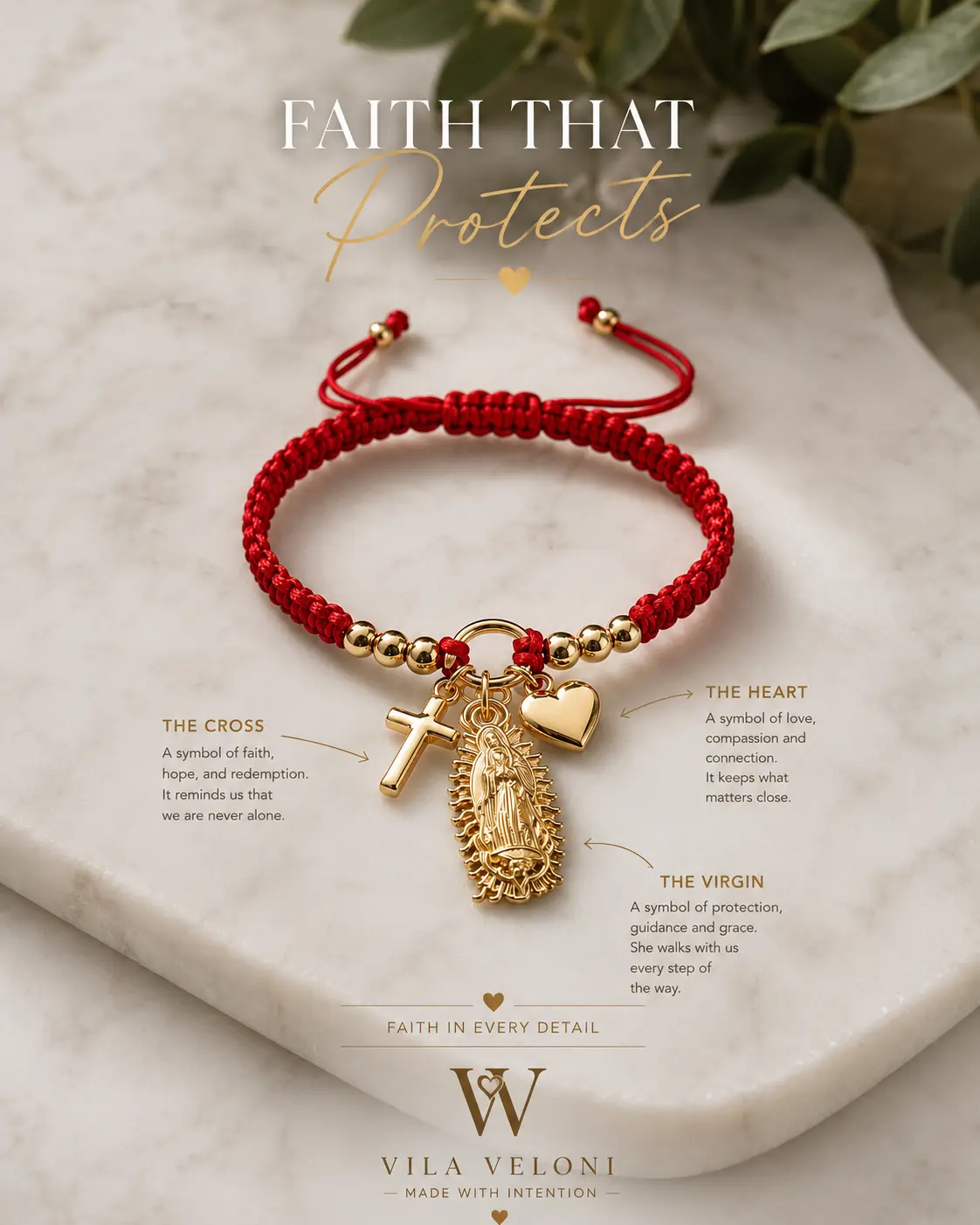 Red Bracelet with Cross, Heart, and Virgin Mary Charms