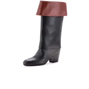 Pre-owned Chanel Women's CC Walk The World Mid-Calf Fold Over Boots Leather by Rebag