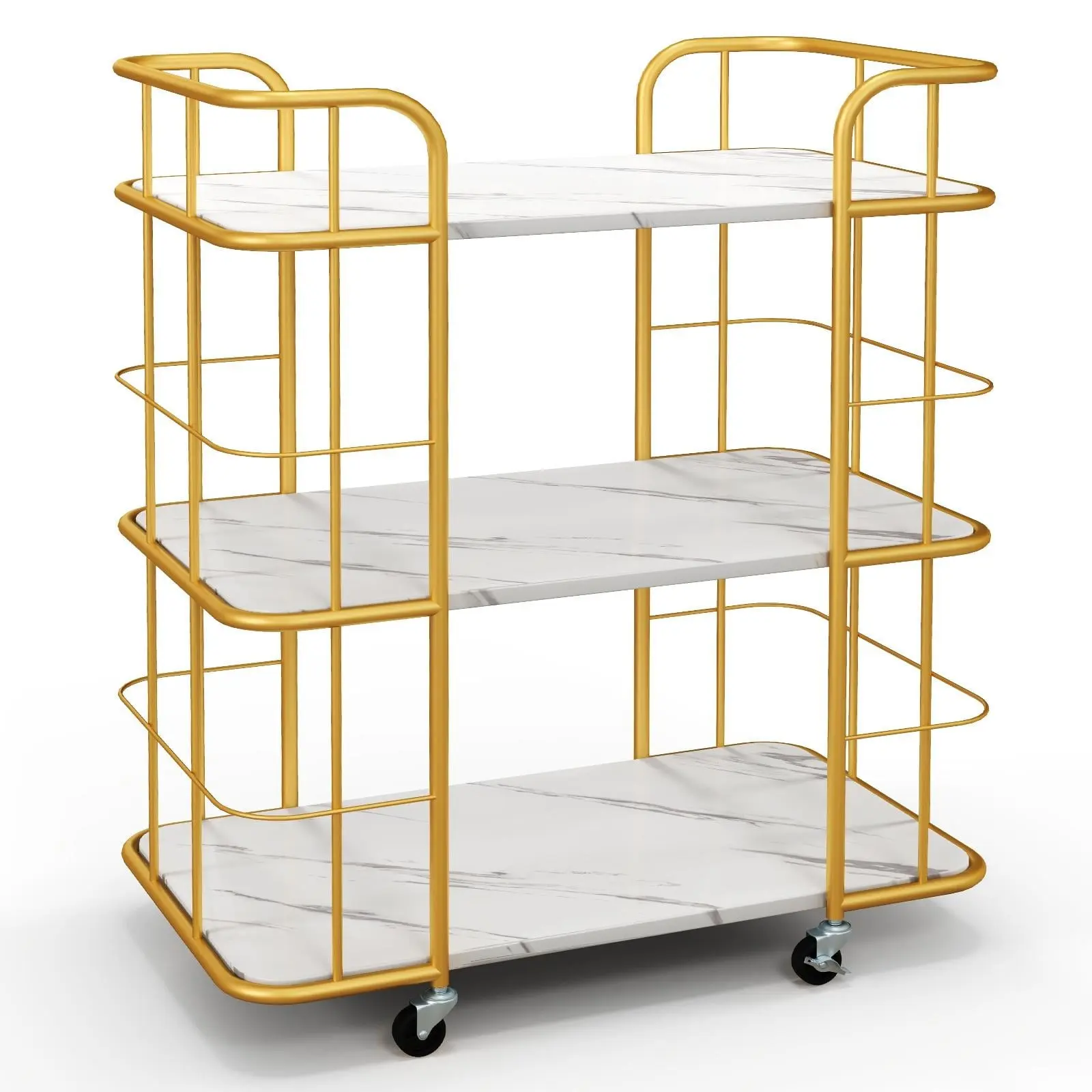 Gold Rolling Bar Cart, 3-Tier Kitchen Utility Cart w/Marble-Finish Top & Lockable Casters, Metal Serving Cart for Kitchen, Bar