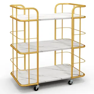 Gold Rolling Bar Cart, 3-Tier Kitchen Utility Cart w/Marble-Finish Top & Lockable Casters, Metal Serving Cart for Kitchen, Bar