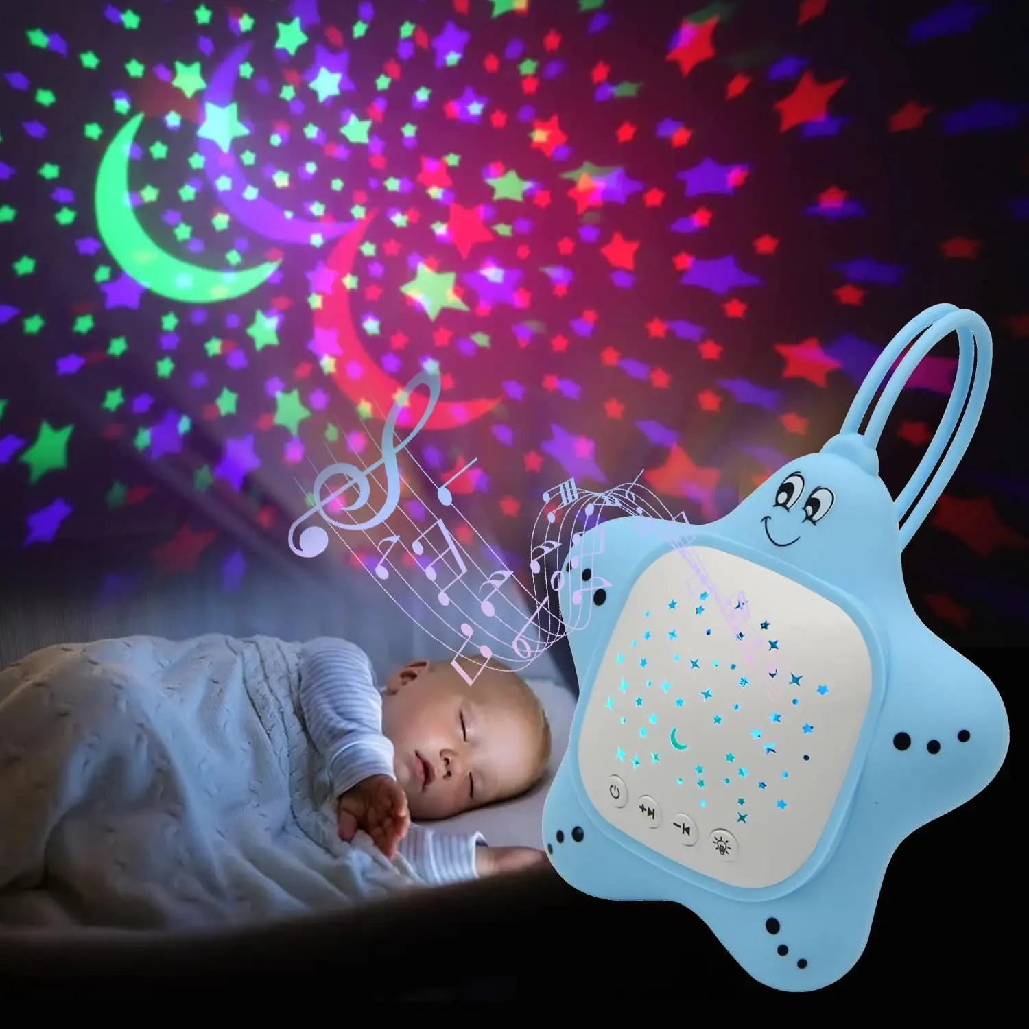 Compact Cute Shape Baby Sound Machine, Rechargeable Portable Baby Soother with Starry Sky Projector Night Light, Deep Restful Sleep Sound Aid & Calming Music for Nursery, Car, Travel