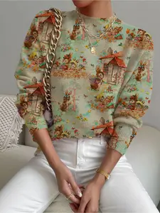 Women's Cartoon Animal Print Stand Collar Sweater, Casual Long Sleeve Knitwear for Fall Winter, Comfortable Warm Daily Wear