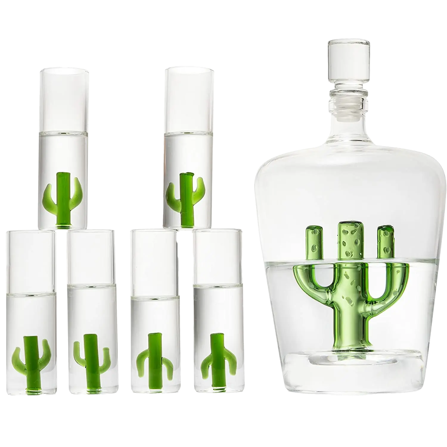 Tequila Decanter Set with Cactus Decanter and 6 Cactus Shot Glasses Set, Perfect for Holiday Gifts for Tequila Lovers, 25 Ounce Bottle, 3 Ounce Shot Glasses Cinco De Mayo, Reposado Gift (Cactus)