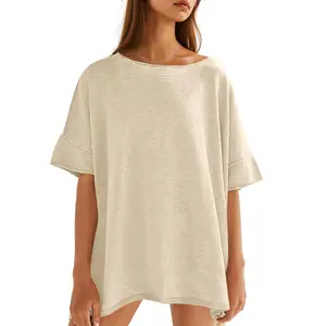 【NEW】Imily Bela Women's Oversized T Shirts Casual Summer Crew Neck Loose Dropped Short Sleeve Side Slit Hem Blouse Tunic Tops Sweater Material Tee