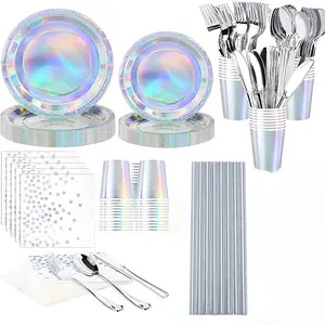 Iridescent Party Supplies, 200 Pcs Disposable Iridescent Paper Party Plates, Holographic Plates and Napkins Set, Rainbow Disposable Cups Knives Spoons Fork Straw for Birthday Wedding Party Serve 25