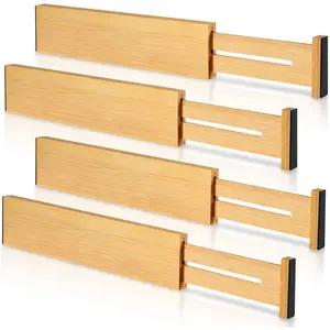 4 Pack Bamboo Drawer Dividers 2.6" High, Adjustable 12-17 Inch Expandable Organizer for Clothes Kitchen Bedroom Dresser Office (Beige)