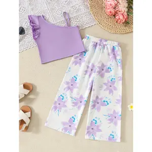 A Solid Color Asymmetrical Neckline Top Paired with Floral Print Wide-Leg Cropped Pants, Perfect a Beach Vacation Outfit, Outdoor