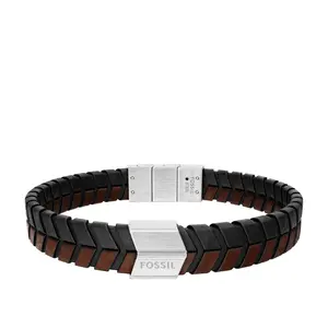 Fossil Men's Woven Black and Brown Leather Bracelet