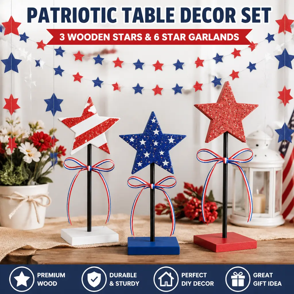 Rustic 3-Piece Red White & Blue Double-Sided Star-Shaped Durable Wooden Tabletop Decor Set - Flag, Stripes, 3 Sizes, Stackable, 4th of July/Election Day Holiday Ornaments, Shiny Centerpieces, Kitchen Tiered Tray Decor, Three Sizes
