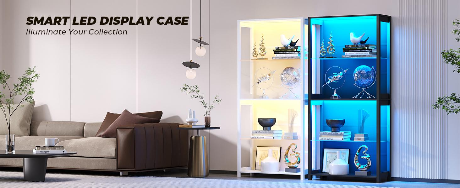 BROTTAR Open Display Cabinet with Glass Shelves, 4-Tier Display Shelf with LED Lights, Glass Display Case with Removable Shelves, Curio Cabinet for Collectibles, Black
