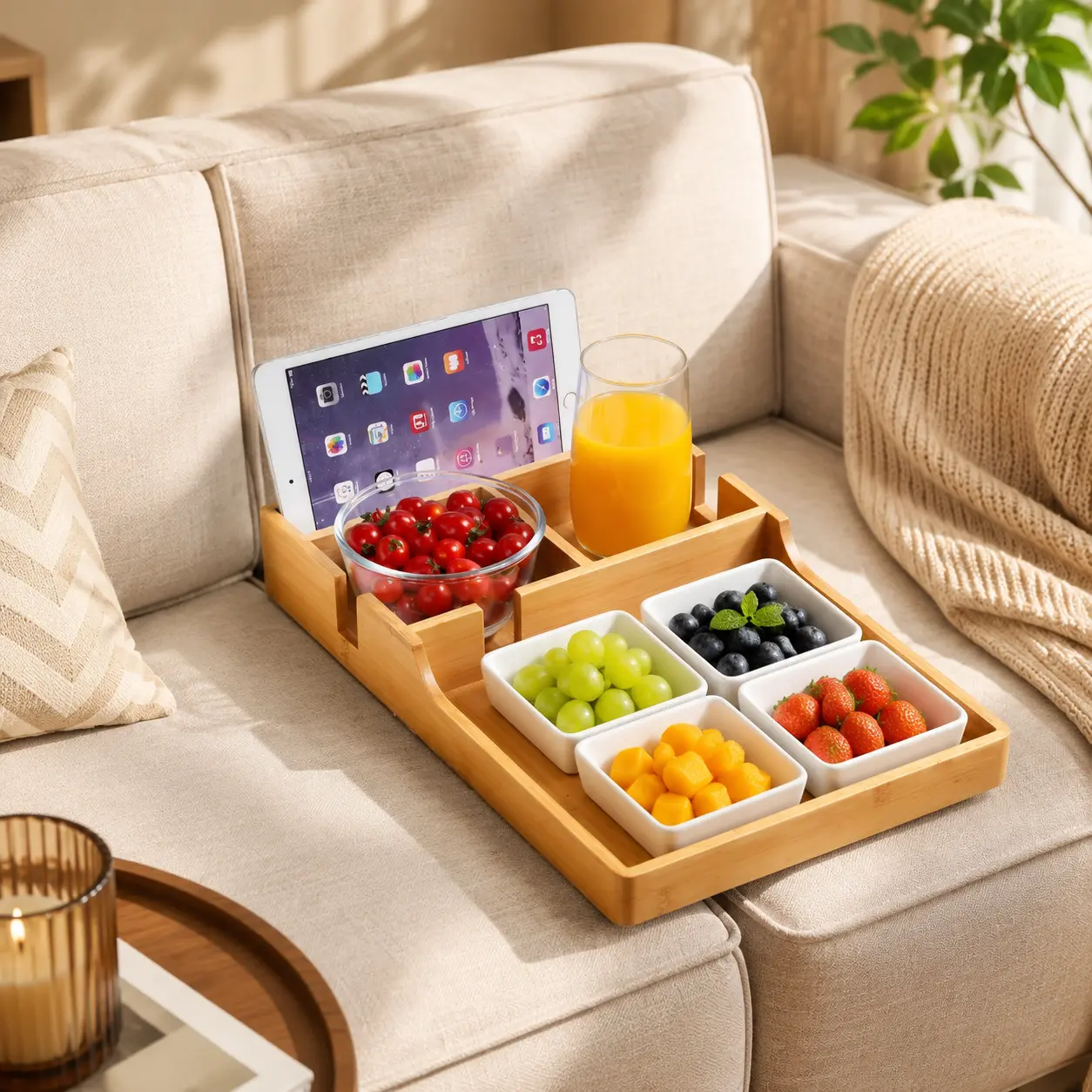 Bamboo Couch Tray Table – 2-in-1 Sofa Armrest & Gap Insert Organizer with 4 Compartments, Dual Cup Holders, Fits Couch/Bed/Ottoman, Space-Saving Snack & Coffee Table, Eco-Friendly Bamboo Home Essential Gift Stylish  Tableware Coasters Morning