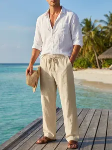 Men's Summer Beach Pants Straight Fit Breathable Cotton Linen Loose Casual Sports Linen Trousers pants for men Beige White
