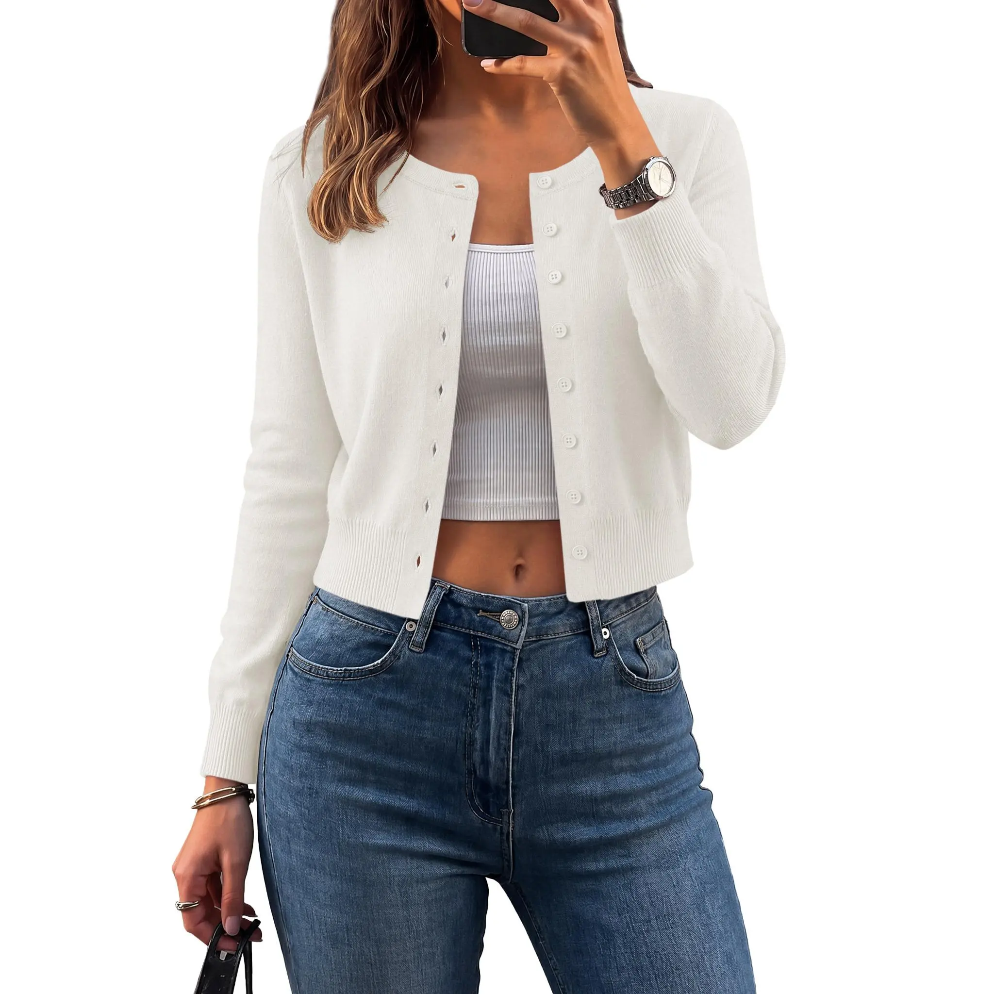 UNCLECAT Women's Cropped Knit Cardigan Sweaters Crew Neck Button Down Open Front Bolero Shrug