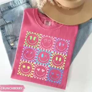 Comfort Colors Summer Smiley Face Checkerboard Bundle T Shirt, Sunshine Beach Life Bundle T-Shirt Summer Trendy Distressed Beach TShirt Gift Graphic Tee