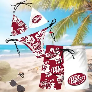 Dr Pepper Hibiscus Floral Couples Matching Swimwear Set Women Triangle Tie Bikini Men Hawaiian Board Shorts Summer Beach Vacation Sunbathing Pool Party 4th July Soda Lover Gift Comfortable