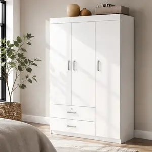 ARCH 3-Door Wardrobe with 2 Drawers White MDF Freestanding Storage Closet for Bedroom, Modern Large Armoire with Locking Top Drawer, 41.3x18.5x68.2 Inches, Easy Assembly, White Color Options, MDF Material, Contemporary Style, Color: White