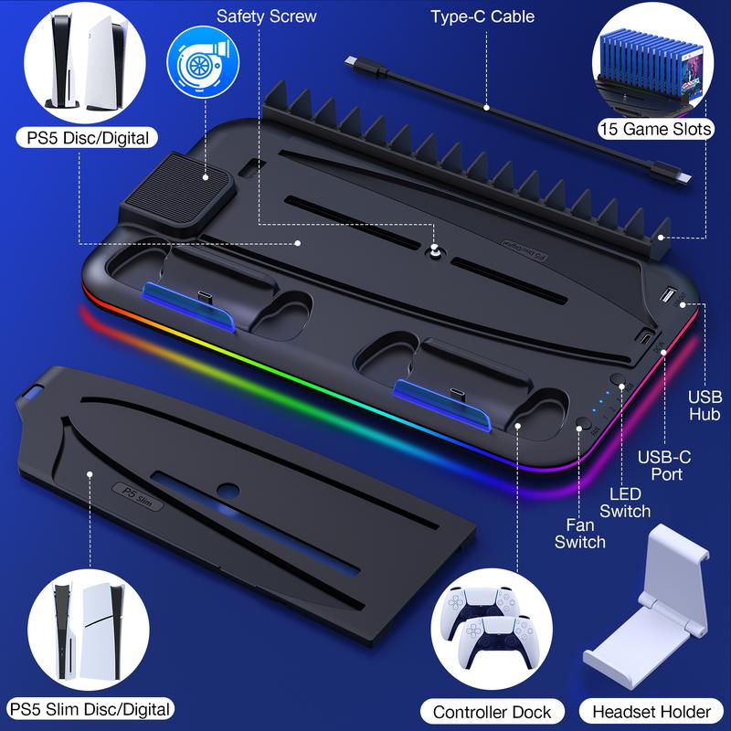 ESYWEN Cooling Stand and Controller Charging Station for PS5 Slim Console Disc/Digital, Headset Holder, 15 Game Slot for Playstation 5