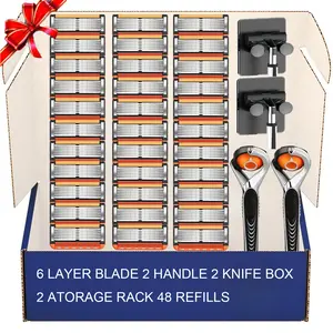 Men's Shaving Razor Blades Replacement Set, Safety Razors, 48 Pieces with 2 Handles & Stand, Stainless Steel Sharp Blade for Daily Grooming Care