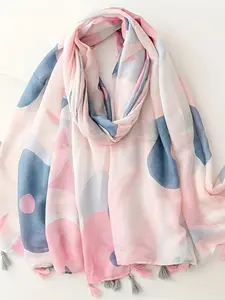 European and American French Spring and Summer New Arrival Handfeel Scarf Pink Cartoon Hand-drawn Fringe Silk Scarf Warm Shawl, Silk Feeling Scarf