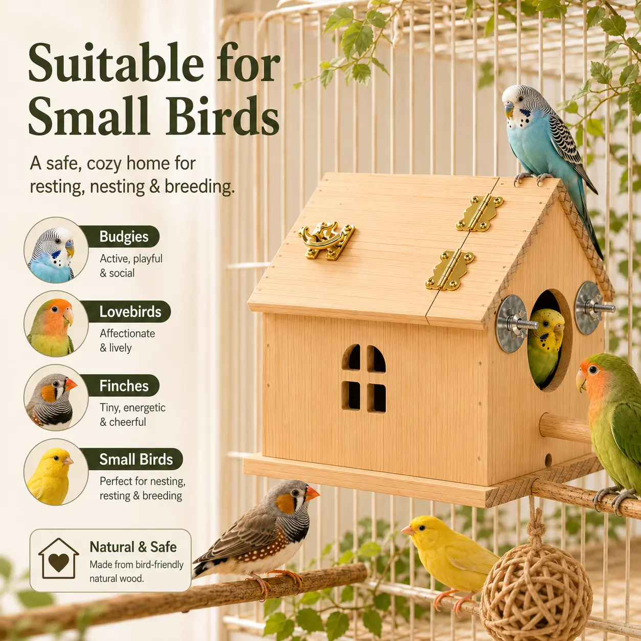 Wooden Parakeet Nesting Box with Openable Roof, Secure Cage Mounting and Removable Perch, Easy-Clean Private Bird House for Resting, Nesting and Breeding, for Budgies, Lovebirds, Finches, Canaries and Parrotlets, Indoor Bird Cage Accessory