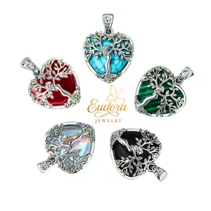 Natural Crystal Goddess Heart Necklace, Tree of Life Tear Drop Pendant Healing Jewelry with Amethyst Turquoise, Spiritual Protection Gift for Her