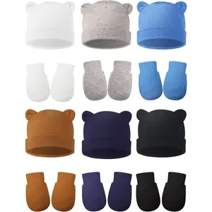 12-Piece Newborn Hat and Mitten Set, Soft Cotton Adjustable Knot Beanies and No-Scratch Mitts, Unisex Solid Color Essentials for Baby 0-6 Months