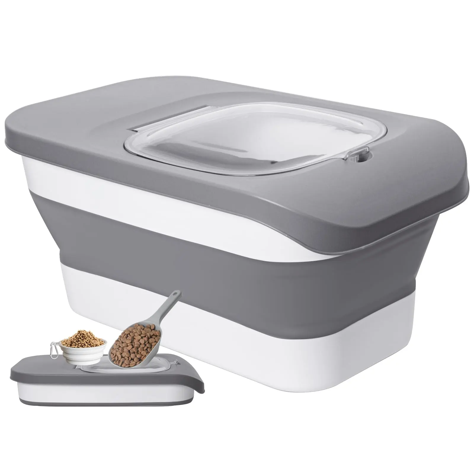 Pet The ultimate space-saving pet food container. Its innovative foldable design saves space, while the superior airtight seal ensures food stays fresh and protected. Comes with a handy scoop for easy, hygienic feeding. A must-have for any pet owner. all