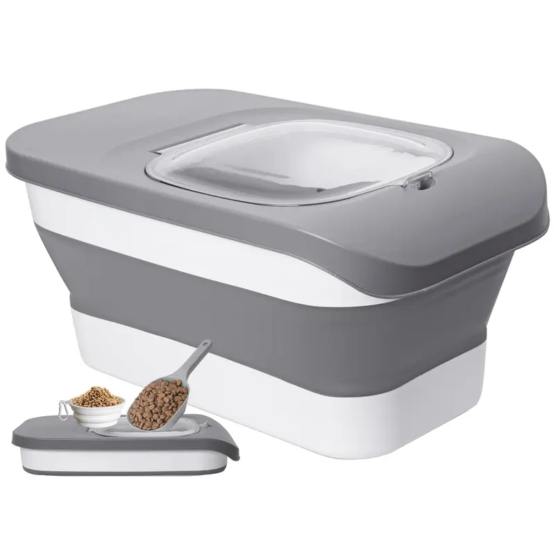 Pet The ultimate space-saving pet food container. Its innovative foldable design saves space, while the superior airtight seal ensures food stays fresh and protected. Comes with a handy scoop for easy, hygienic feeding. A must-have for any pet owner. all