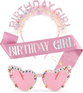 Women's Shiny Glitter Birthday Accessory Set - Star, Lightweight, Comfortable Sash, Headband, Tiara Crown, Photo-Ready Sunglasses, Pink Happy Birthday Party Favors & Decorations Gifts