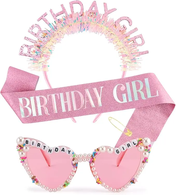 Women's Colorful Plastic Shiny Glitter Birthday Accessory Set - Star, Lightweight, Comfortable Sash, Headband, Tiara Crown, Photo-Ready Sunglasses, Pink Glamorous Party Favors & Decorations Gifts