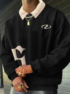 Men's Fashion Casual Polo Shirt, English Letter Pattern Design Print, Long Sleeve Open Front, Spring & Fall Wear, Versatile Outerwear