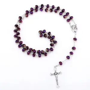 Y2K Purple Crystal Rosary Necklace | Silver Crucifix Prayer Beads | Christian Faith Jewelry for Women & Religious Gifting