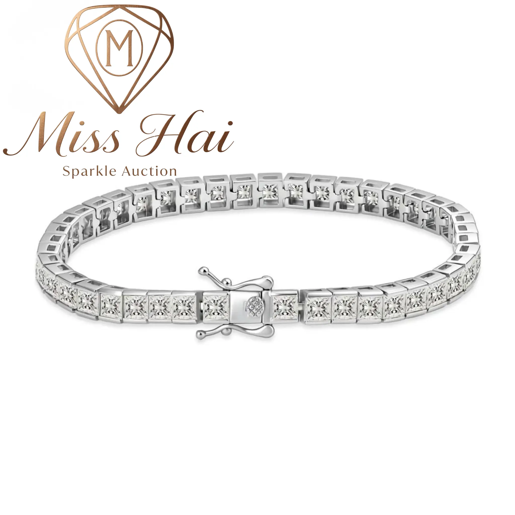 MISS HAI Sunlit Mosaic Synthetic Moissanite Princess Cut Tennis Bracelet, Copper Chain Women Jewelry, Great Gift for Birthday Wedding Anniversary Christmas