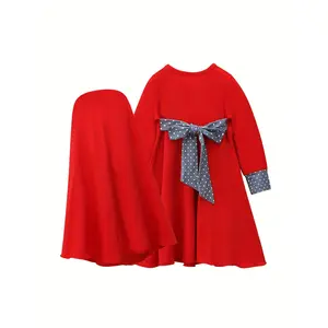 Muslim Ramadan Skirt Women's Small Size Traditional Middle Eastern Spring and Autumn Style Solid Color Long Sleeve Dress Skirt + Headscarf Two-piece Children's Dress