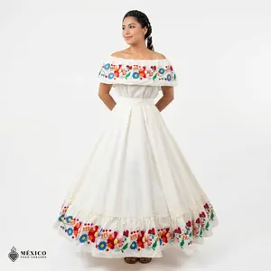 Off White Traditional Mexican Embroidered Floral Dress– Handmade Special Edition