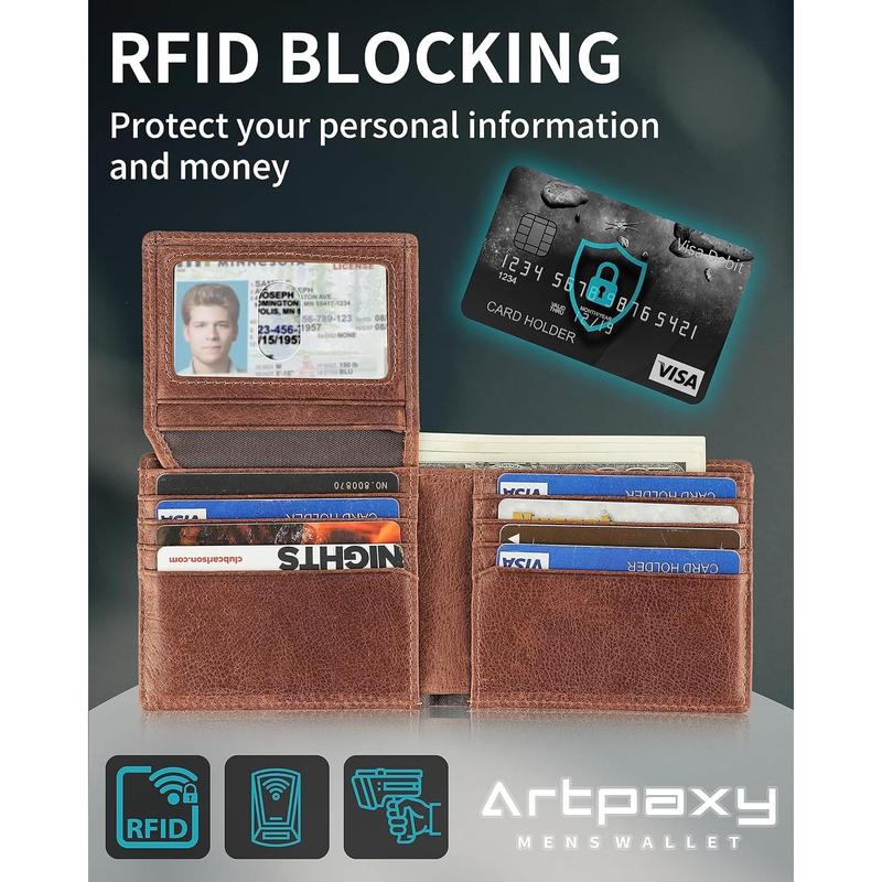 Mens Wallet With AirTag Holder, Bifold Leather RFID Blocking 1-2 ID Windows 12-13 Card Holders, Gift Box and Screen Protector Included, AirTag Not Included