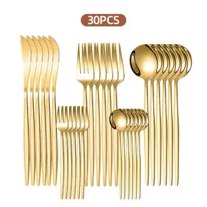 Stainless Steel Gold Cutlery Set, 30pcs/set Mirror-Polished  Service for 6, Includes Dinner Knives, Dinner Spoons, Dinner Forks, Teaspoons and Tea Forks, Durable and Dishwasher Safe, Gold Dinnerware Sets