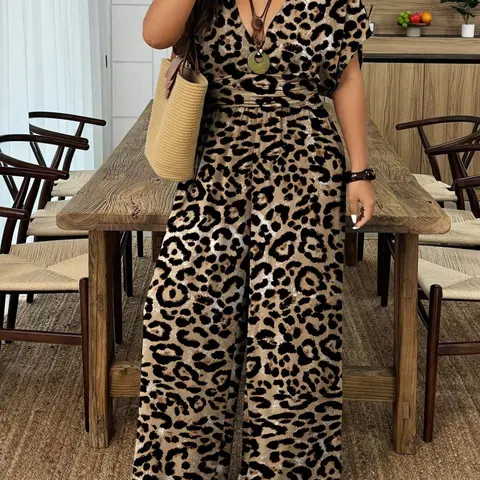 Women's Leopard Animal Print V-Neck Drop Shoulder Sleeves Wide Leg Jumpsuit, Summer Chic Aesthetic Fashion Plus Size, Casual Loose Fit One-Piece Romper Womenswear Beach Holiday Jumpsuit