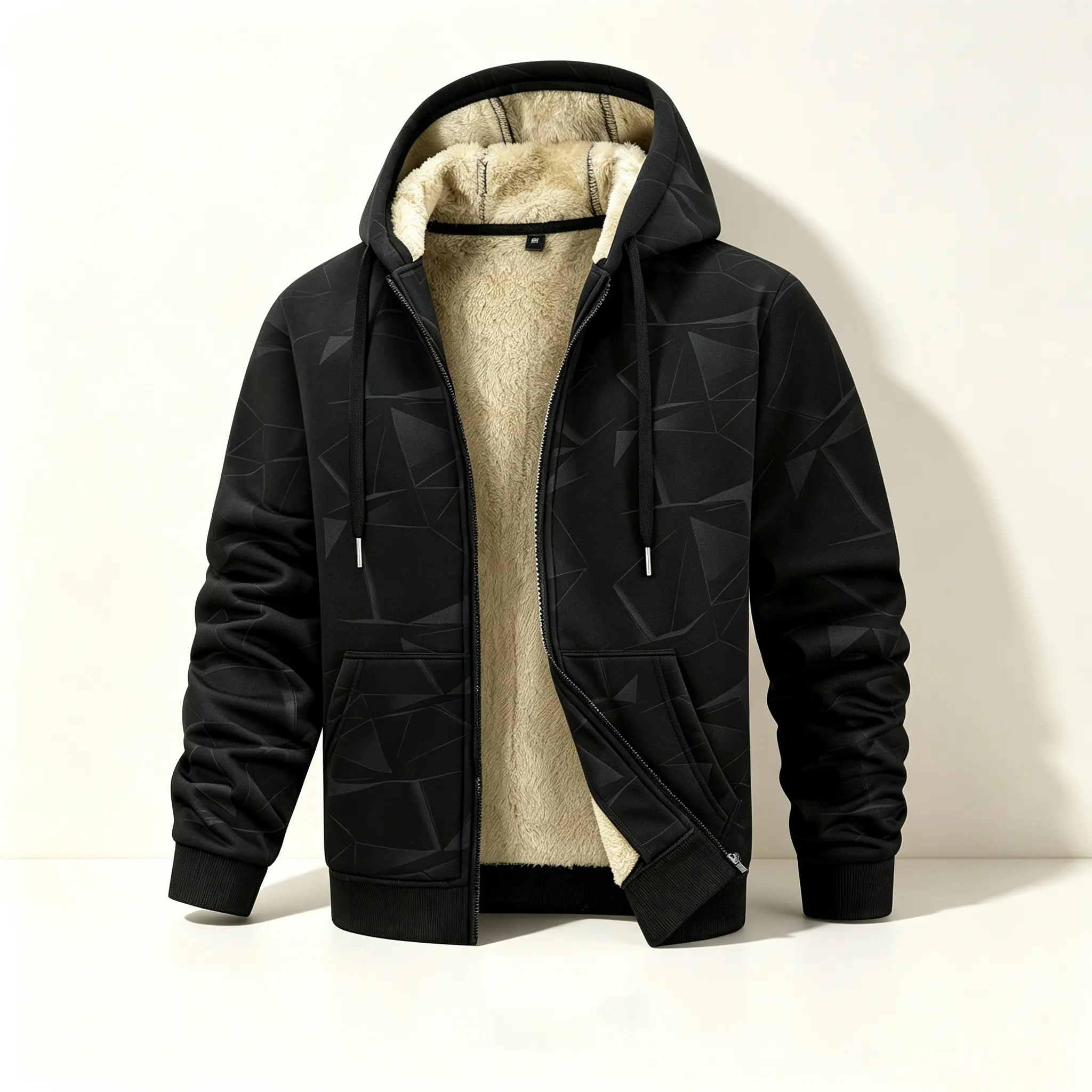 Geometric Print Fleece-Lined Zip-Up Hoodie | Loose Fit, Thick & Warm Hooded Jacket, Men’s Trendy Street Style Outerwear, Suitable for Everyday Wear in Autumn & Winter