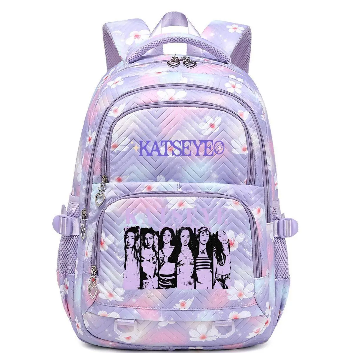 KATSEYES Group Print Floral Quilted Laptop Backpack Pastel Purple School Travel Daypack Multi Pocket Casual Bag