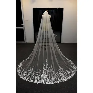 2.8m One Layer Cathedral Wedding Veils with Comb Lace Appliques Bride Veil Women Bridal Wedding Accessory