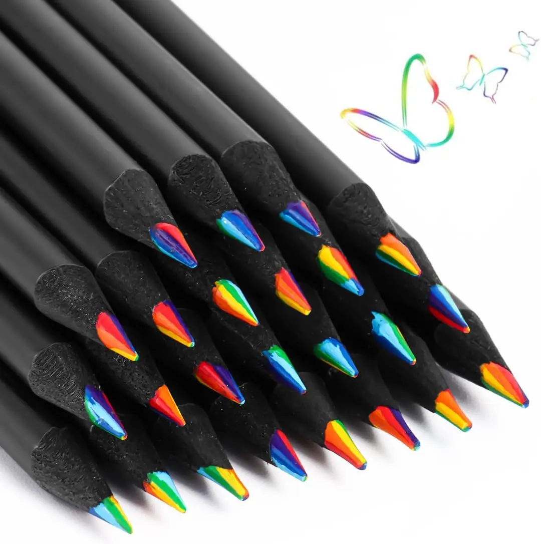 12 Rainbow-Colored Pencils Set - 12-Count Black Wooden Pencils with Sharpener, 7-in-1 Art Color Set, Office Stationery Writing Tools for Kids, Birthday Gift, Thanksgiving/Easter/Father's Day Present