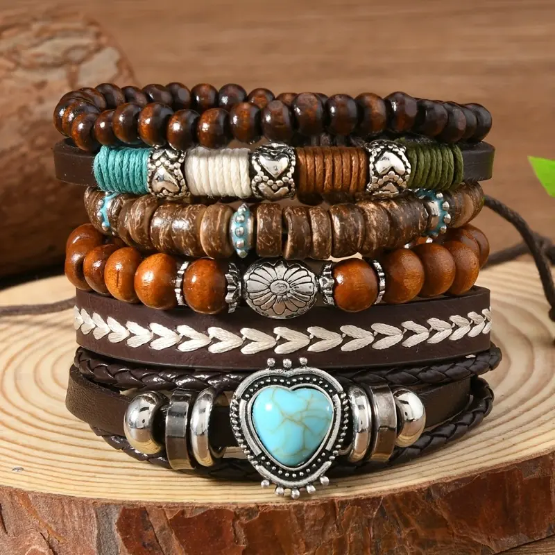 6-Piece Unisex Bracelets Set, Retro Alphabet PU Leather & Wood Bead Arm Candy, His & Hers Matching Jewelry for Teens, Everyday Wear, Letter Motif, Retro Theme, Matching Pairs, Casual, Daily, 6-Pieces, Matching Sets, Wrist Candy, All Seasons, Fashion Jewel