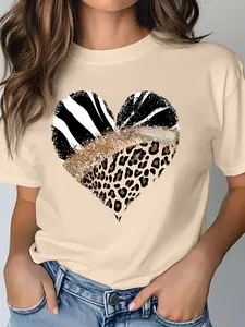 Women's Casual Short Sleeve Crew Neck T-Shirt, Zebra Leopard Glitter Heart Patchwork Print
