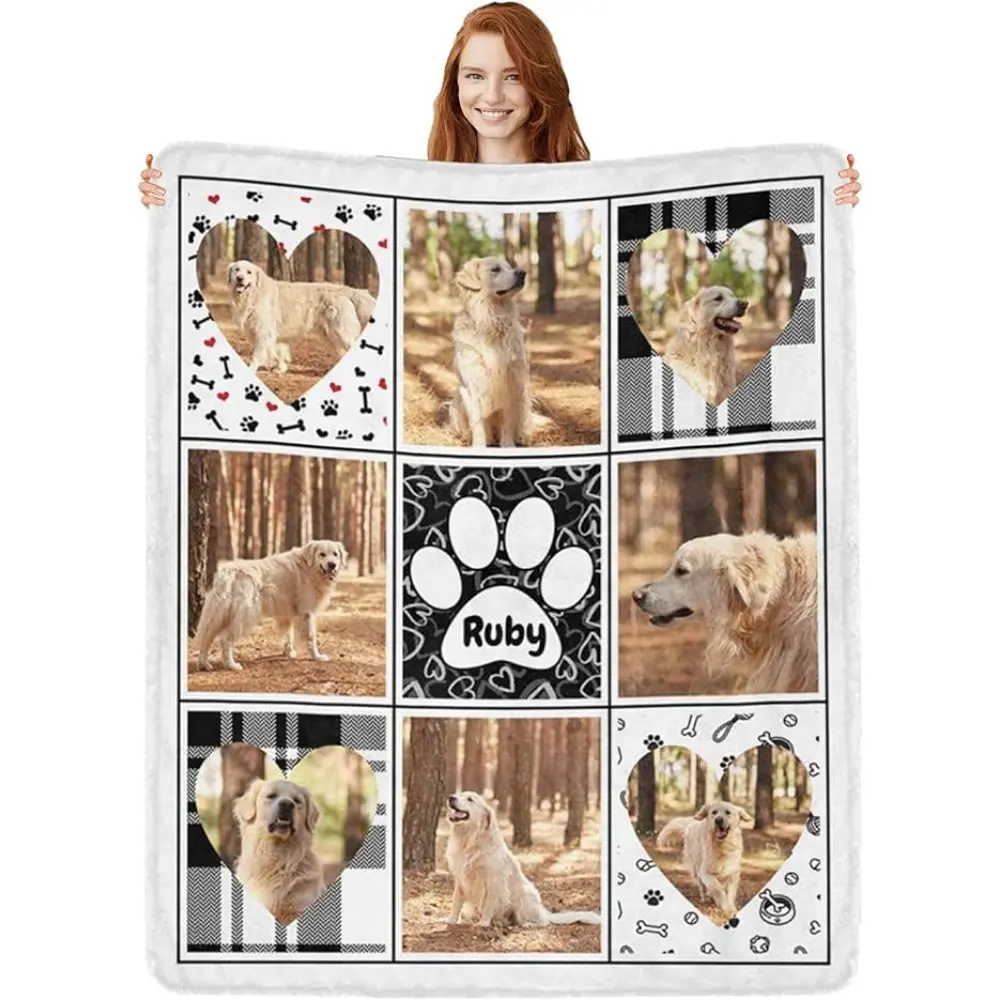 Customized 8-photo dog commemorative blanket - Personalized flannel blanket with text and paw marks, soft and comfortable, suitable for sofa or bed, dog blanket